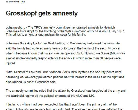 Grosskopf gets amnesty, 13 December 2000