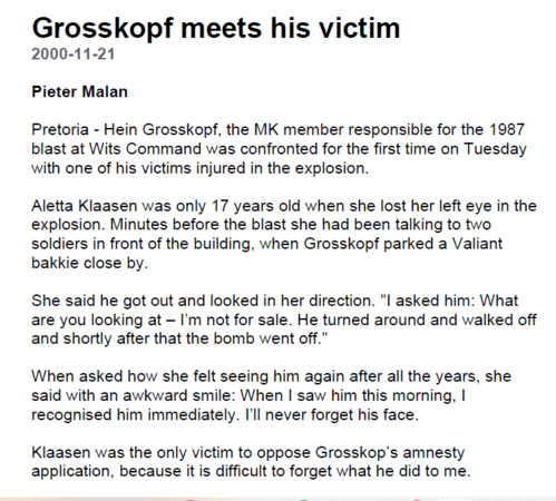 Grosskopf meets his victim, by Pieter Malan, News24, 21 November 2000
