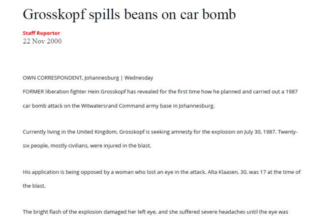 Grosskopf spills beans on car bomb, 22 November 1988