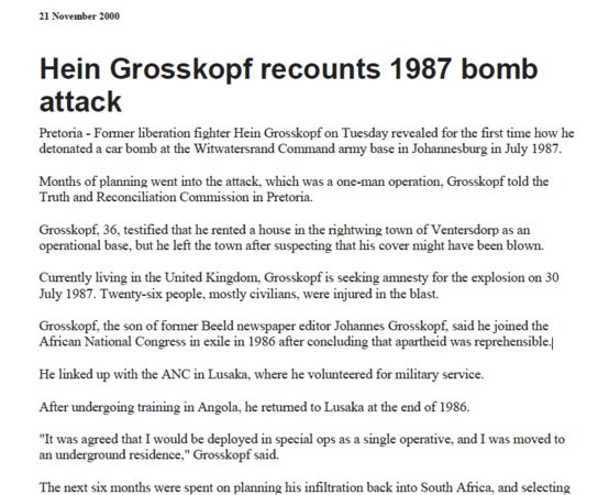 Hein Grosskopf recounts 1987 bomb attack, SAPA, 21 November 2000