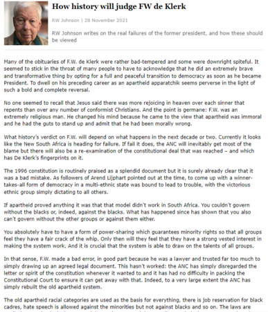 How history will judge FW de Klerk by RW Johnson, politicsweb (28 November 2021)