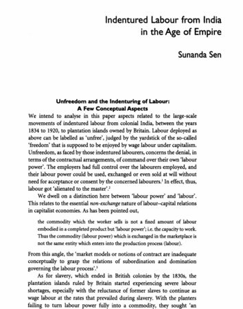 Indentured Labour from India in the Age of Empire by Sunanda Sen
