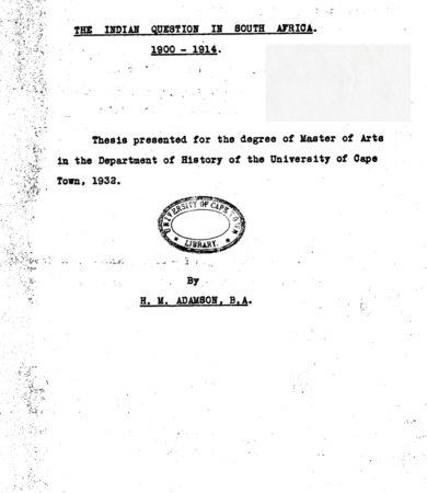 The Indian Question in South Africa, 1900-1914 by H. M. Adamson