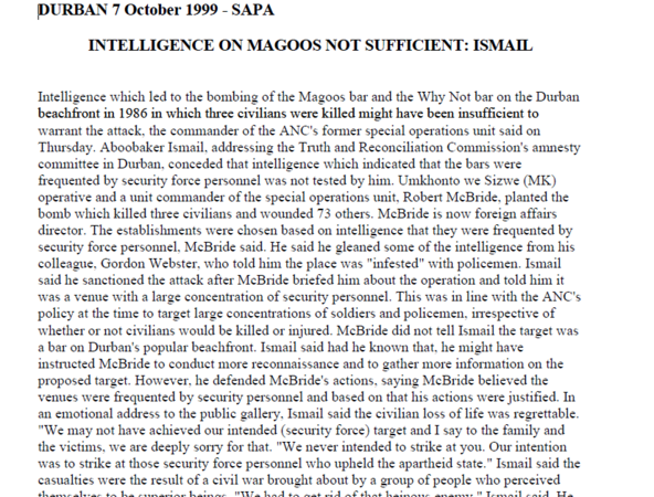 Intelligence on Magoos not sufficient: Ismail, SAPA, 7 October 1999