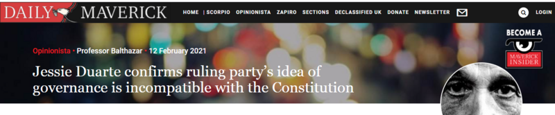 Jessie Duarte confirms ruling party’s idea of governance is incompatible with the Constitution by Professor Balthazar 