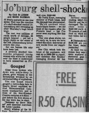 Jo'burg shell-shocked, by Cas St Leger and Mark Suzman, The Sunday Times, 2 August 1987