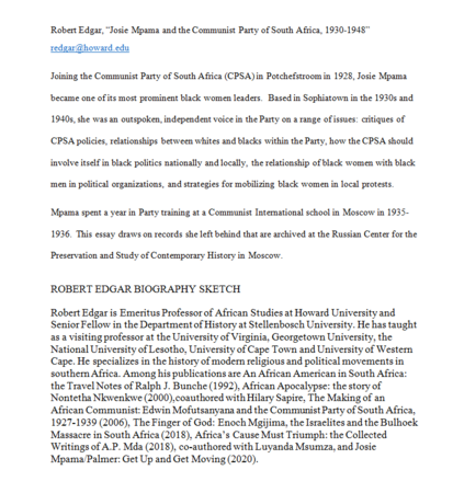 Josie Mpama and the Communist Party of South Africa, 1930-1948 by Robert Edgar
