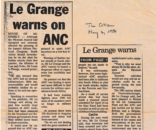 Le Grange warns on ANC, The Citizen, 31 May 1984