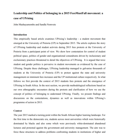 Leadership and Politics of Belonging in a 2015 FeesMustFall Movement A Case of UPrising by John Mashayamombe and Sandla Nomvete