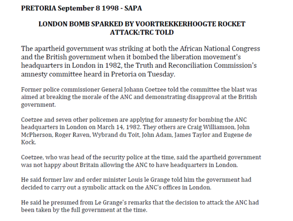 London bomb sparked by Voortrekkerhoogte rocket attack, TRC told, SAPA, 8 September 1998