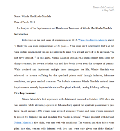 An Analysis of the Imprisonment and Detainment Treatment of Winnie Madikizela-Mandela by Monica McCausland