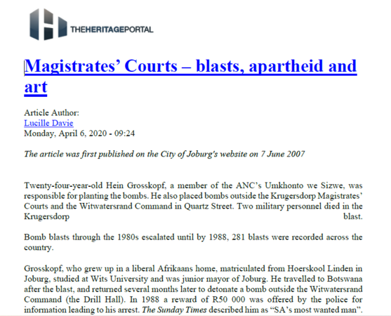 Magistrates' courts - blasts, apartheid and art, by Lucille Davie, 6 April 2020