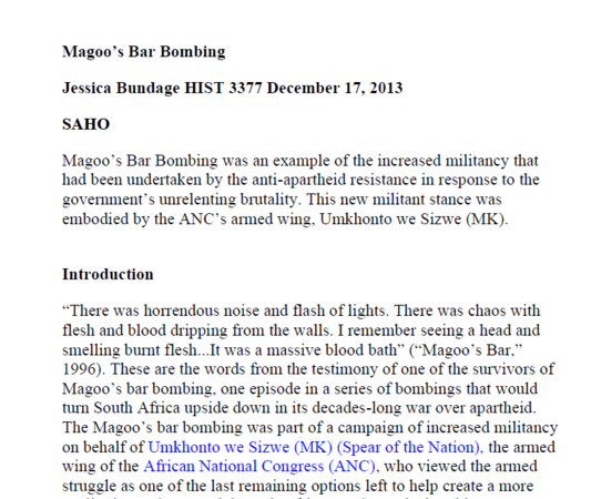 Magoo’s Bar Bombing - Jessica Bundage HIST 3377 December 17, 2013