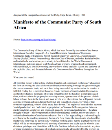Manifesto of the Communist Party of South Africa by SACP, 30 July 1921, Cape Town
