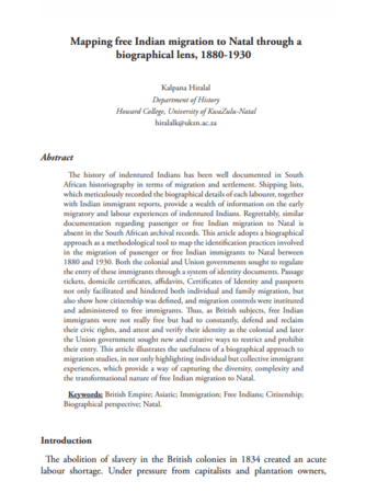 Mapping free Indian migration to Natal through a biographical lens, 1880-1930 by Kalpana Hiralal