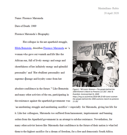 Biography of Florence Matomela by Maximiliano Rubio
