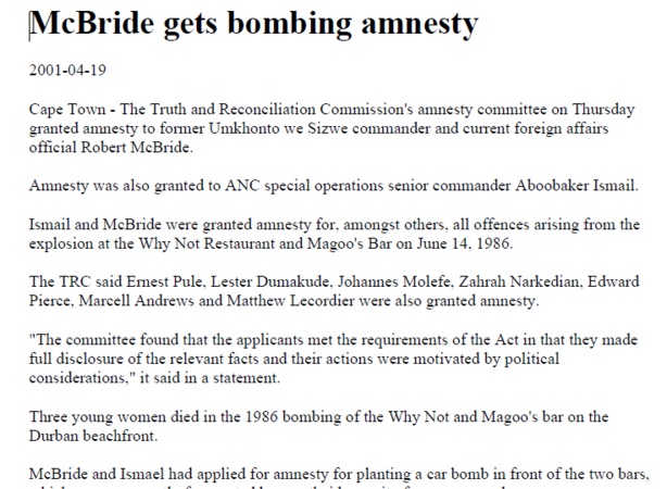 McBride get bombing amnesty, SAPA, 19 April 2001
