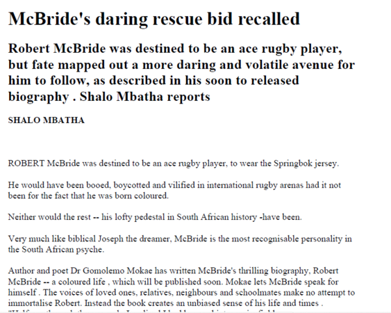 McBride's daring bid recalled, by Shalo Mbatha
