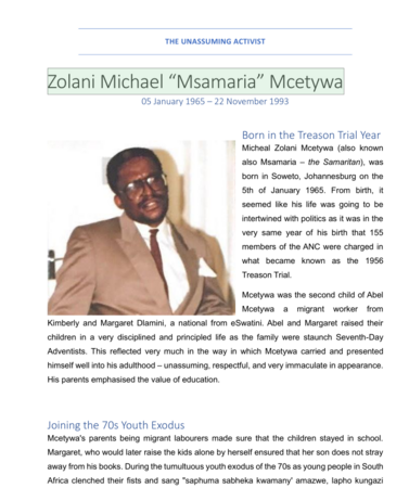Zolani Michael “Msamaria” Mcetywa: the unassuming activist by Thamsanqa D Malinga