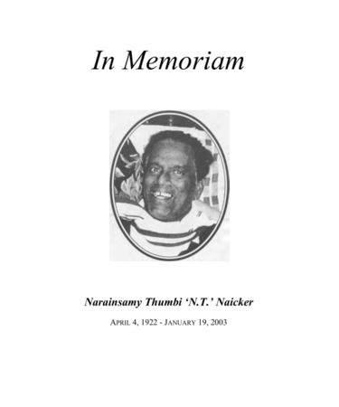 In Memoriam - Narainsamy Thumbi 'N.T.' Naicker