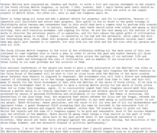 ”Native Union”. Article by Pixley ka Isaka Seme, in October 24, 1911