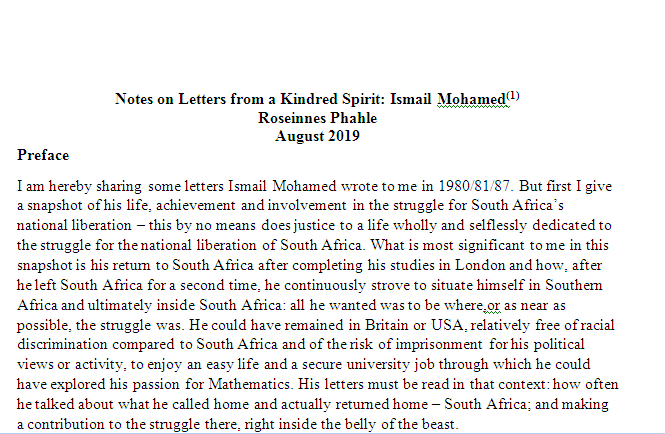 Notes on Letters from a Kindred Spirit: Ismail Mohamed by Roseinnes Phahle, August 2019