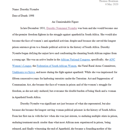 Biography of Dorothy Nyembe by Thomas Boatman