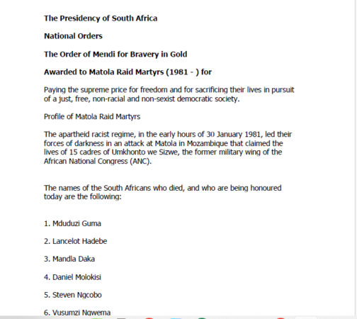 The Presidency of South Africa National Orders, the Order of Mendi for Bravery in Gold Awarded to Matola Raid Martyrs 