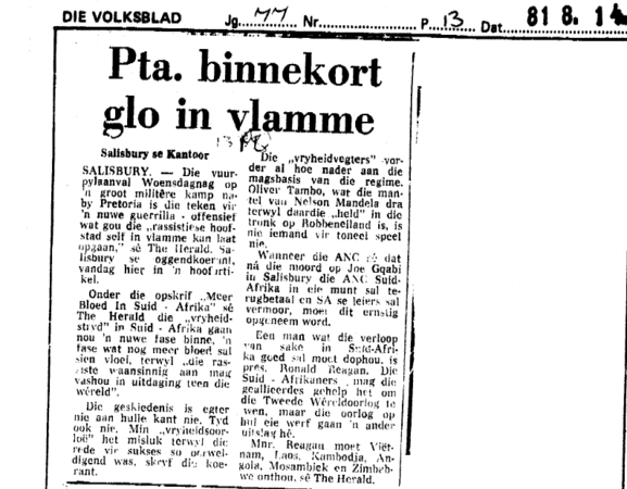 PTA. binnekort glo in vlamme, Die Volksblad, 14 August 1981