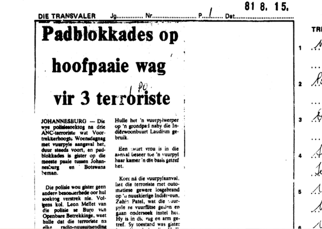 Padblokkades op hoofpaaie wag vir 3 terroriste, Die Transvaler, 15 August 1981