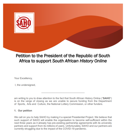 Petition to the President of the Republic of South Africa to support South African History Online