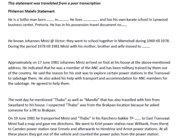 Philemon Malefo Statement