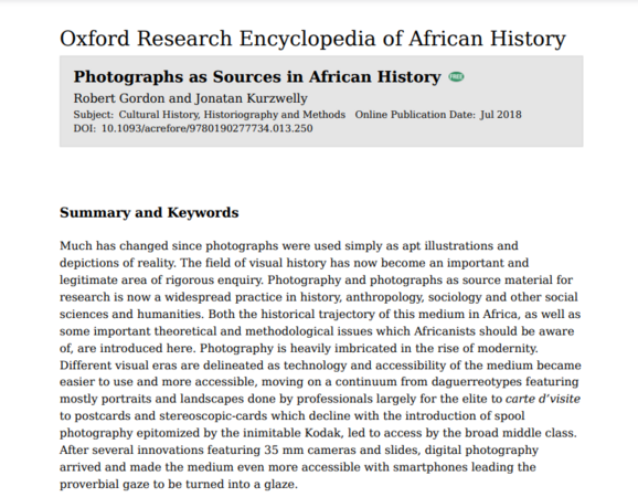 Photographs as Sources in African History by Robert Gordon and Jonatan Kurzwelly