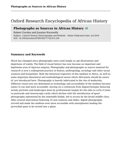 Photographs as Sources in African History by Robert Gordon and Jonatan Kurzwelly