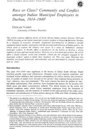 Race or Class? Community and Conflict amongst Indian Municipal Employees in Durban, 1914 - 1949 by Goolam Vahed 