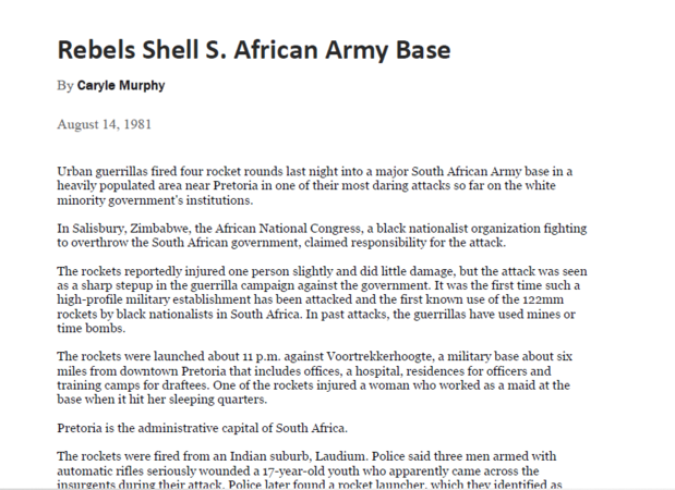 Rebels Shell S. African Army Base, by Caryle Murphy, Washington Post, August 14, 1981