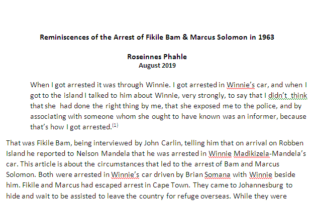 Reminiscences of the Arrest of Fikile Bam & Marcus Solomon in 1963 by Roseinnes Phahle, August 2019