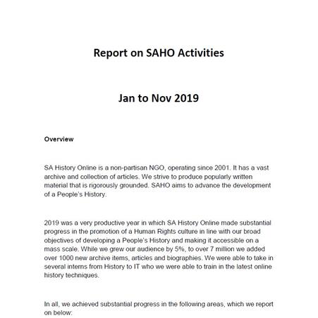 Report on SAHO Activities January to November 2019
