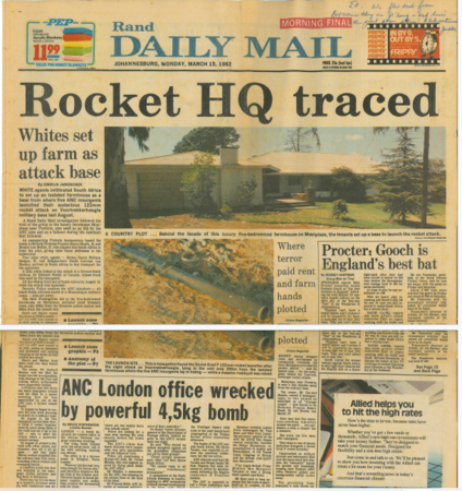 Rocket HQ traced, Emielia Jaroschek, Rand Daily Mail, 15 March 1982