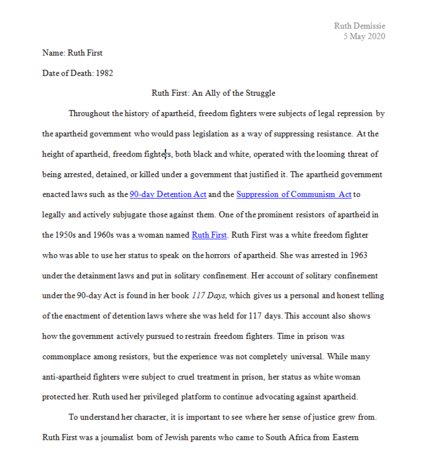 Biography of Ruth First by Cole Deal Ruth Demissie