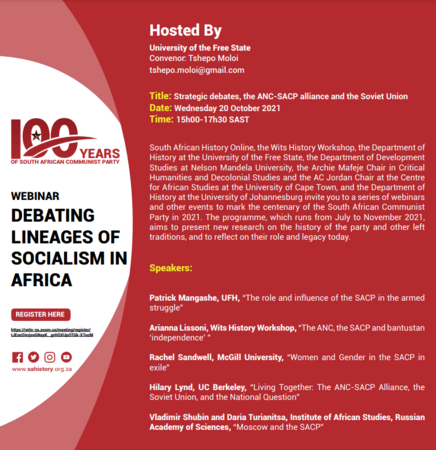 Webinar Programme: Strategic Debates, the ANC - SACP alliance and the Soviet Union. Convenor: Tshepo Moloi.