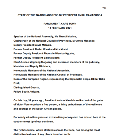 2021 - President Ramaphosa, State of the Nation Address, 11 February 2021