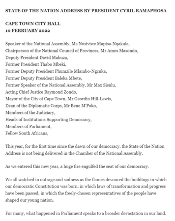 2022 - President Ramaphosa, State of the Nation Address, 10 February 2022