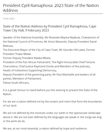 2023 - President Ramaphosa, State of the Nation Address, 9 February 2023