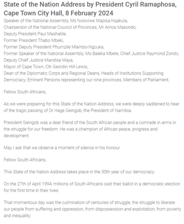 State of the Nation Address by President Cyril Ramaphosa, Cape Town City Hall, 8 February 2024