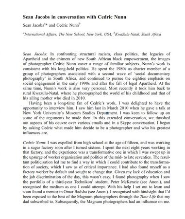 In conversation with Cedric Nunn by Sean Jacobs, (Social Dynamics),  June 2011