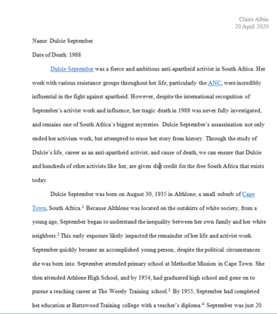 Biography of Dulcie September by Claire Albin