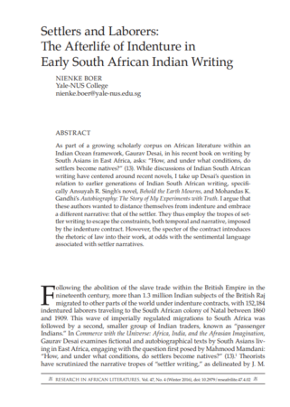 Settlers and Laborers: The Afterlife of Indenture in Early South African Indian Writing by Nienke Boer