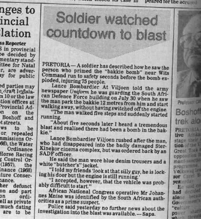 Soldier watched countdown to blast, Natal Witness, 14 August 1987