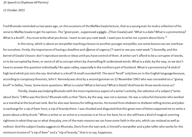 A Speech to Displease All Parties by Imraan Coovadia, 11 October 2021